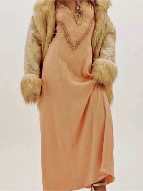 Free People Maybe Forever Maxi Dress Lace Trim Crinkle Satin – Size 8